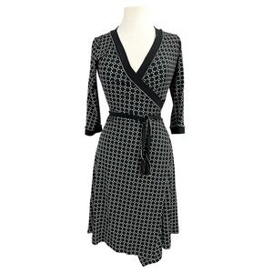 Max Studio Womens Wrap Dress Black White Geometric Circle Print 3/4 Sleeve XS
